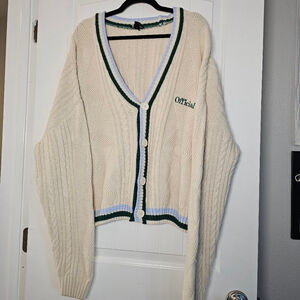 Boohooman 90s prep school style chunky sweater cardigan, cream
